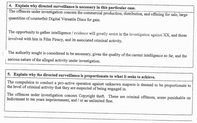 Form seeking authorization under the Regulation of Investigatory Powers Act to conduct "directed surveillance" of Vickerman during the London hotel meeting. Contrary to FACT's claims, Vickerman was not in the business of selling counterfeit DVDs.
