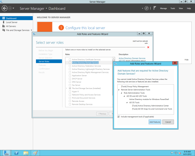 The Add Roles and Features wizard in Server 2012, configuring Active Directory on a remote server.