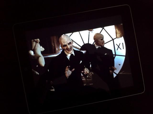 Watching a scene from the excellent fourth season episode of <em>Buffy the Vampire Slayer,</em> titled "Hush," streaming from Amazon to my iPad.