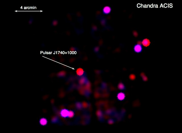 X-ray image of the pulsar PSR J1740+1000 and its vicinity. Redder shades are lower energy X-rays, while bluer colors are higher energy. The entire image spans about 5.3 light years.