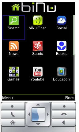 The biNu home screen, running in a Java mobile phone emulator.