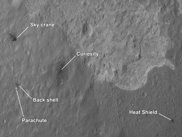 NASA's scattered hardware across a wide swath of the floor of Gale crater.