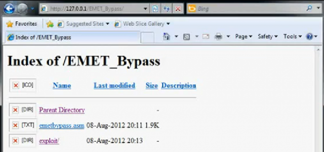 A computer's Internet Explorer screen just prior to it being exploited by an attack that bypasses new protection baked into EMET. Real-world attacks would conceal this behind-the-scene view.