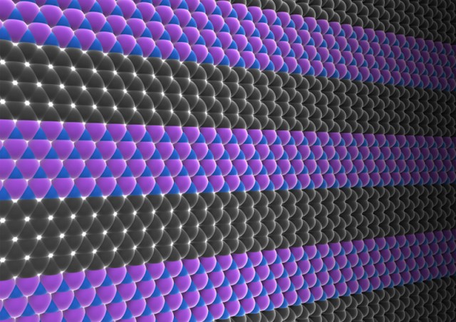 Artist's impression of a nanoscale electronic device made of graphene (carbon atoms, in gray) and boron nitride (BN, purple and blue). The graphene is conducting, the BN is insulating, so by laying down patterns, single-layer electronic devices can be fabricated.