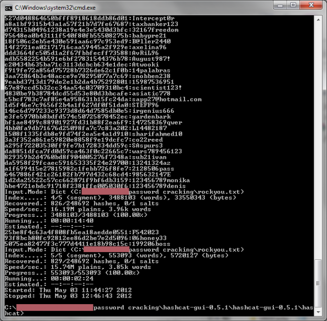 A screenshot from ocl-Hashcat as it cracks a list of password hashes leaked online.