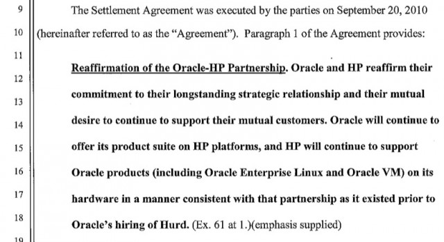 The text of the agreement between Oracle and HP, as reproduced in Judge James Kleinberg's ruling issued today.