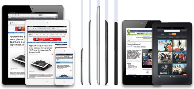 A mock-up of a potential iPad mini design compared to an iPad, iPhone, Nexus 7, and Kindle Fire.