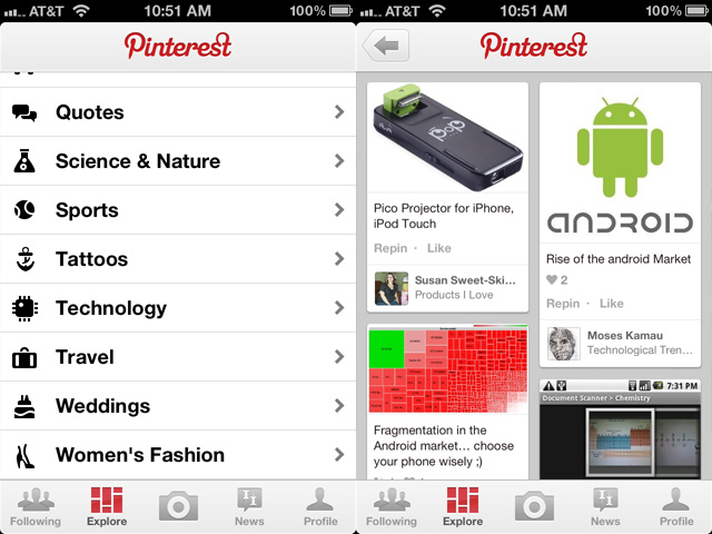 Exploring categories (left), like "technology" (right).