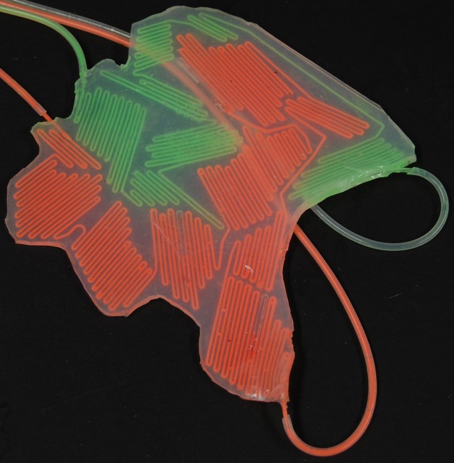 The robot above, covered with a flexible plastic cover, filled with a patchwork of fluorescent dyes.