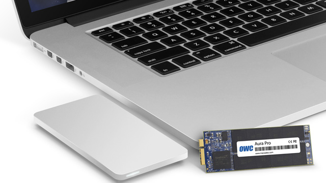OWC's Aura Pro 480GB SSD module for the Retina MacBook Pro is now available, but its companion Envoy Pro external enclosure won't be available until later this year.