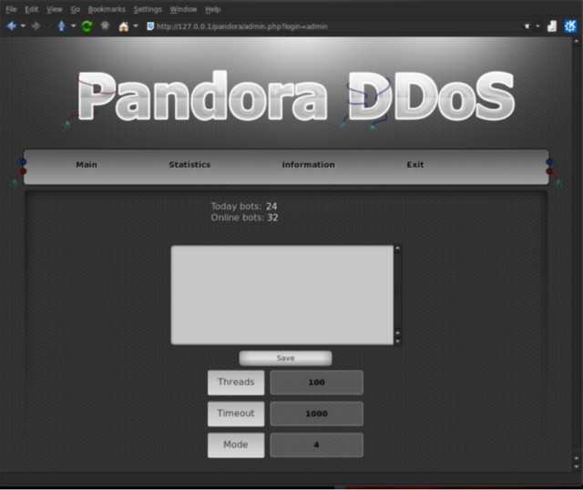 The command and control panel for the Pandora DDoS tool.