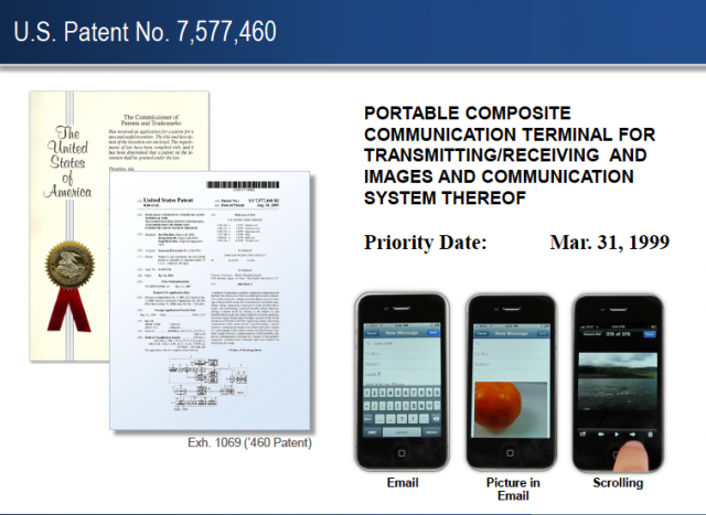 A US patent is shown, but the "priority date" of 1999 refers to the date an identical patent was filed for in Korea, years before the iPhone was released.