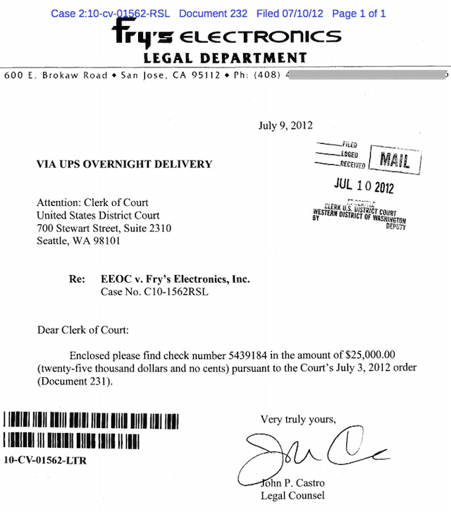 Fry's sanctions payment to the Court.