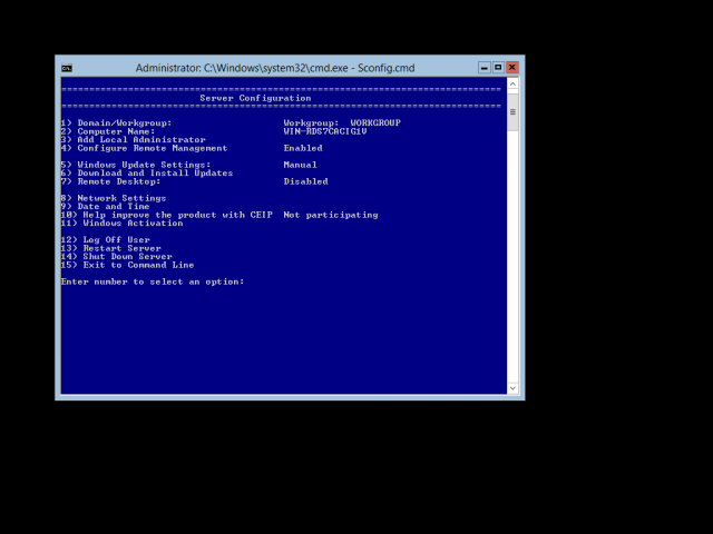 Configuring a Server Core installation of Windows Server 2012 using the Sconfig.cmd script provided in the install.