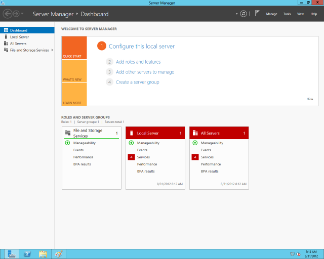 Server 2012's new Server Manager, shown here, makes management of remote and local servers and their features much simpler for neophyte Windows admins.