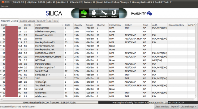 A screenshot showing Immunity Inc.'s Silica wireless penetration testing tool in action as it sends out a death frame, then captures the resulting four-way handshake.
