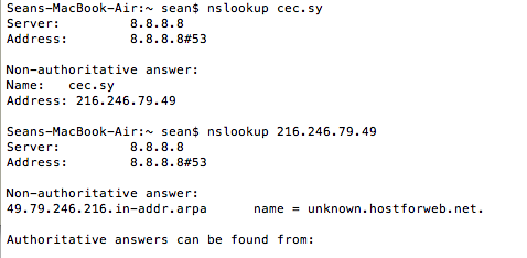 A screen shot of an nslookup on cec.sy, the website of Syrian ISP SAWA.