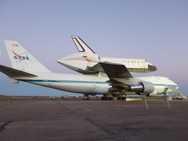 A fuller view of Endeavour and SCA #1. Partially obscured at left are the SCA's twin tails, necessary because of the turbulence created by the shuttle while airborne.