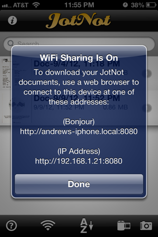 Using JotNot's WiFi sharing feature, you can connect to your phone from your computer to download scans.