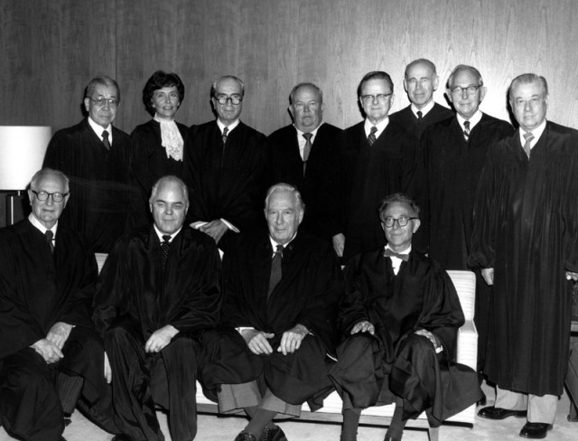Judges of the United States Court of Appeals for the Federal Circuit on October 1, 1982, the day they were sworn in by Chief Justice Burger. In the front row are Circuit Judge Giles S. Rich, Chief Judge Howard T. Markey, Chief Justice Warren E. Burger, and Circuit Judge Daniel M. Friedman.