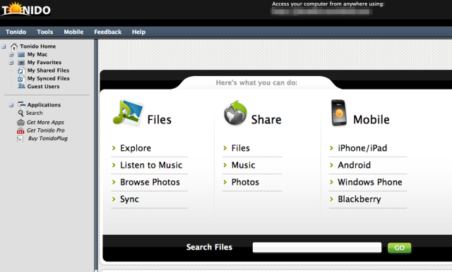 Tonido's browser-based management console.