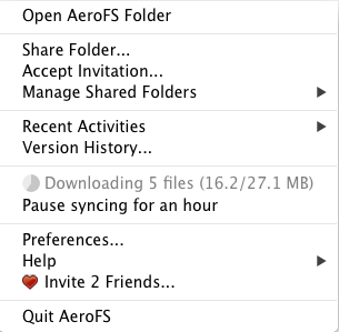 The AeroFS menu gives you access to version history, folder sharing, and other preferences and settings.