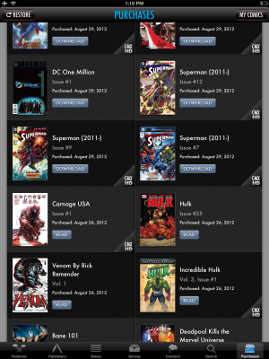 Wait, I can really view my Marvel and DC purchases all in one app? In this view you can see some of my purchases, but there's more than 60 imprints to choose from in the Comics store.