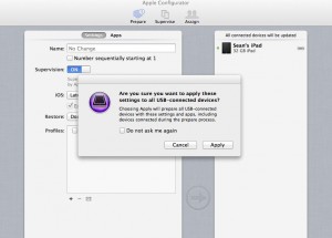 To apply "supervision" to an iOS device, it needs to be tethered by USB to the computer running Configurator. If there's anything on there you want to save, best back it up—Supervision Mode requires an iOS re-install. 