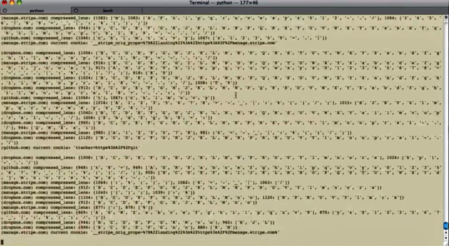 A screen shot from a video showing CRIME decrypting the contents of an encrypted cookie used to authenticate a dropbox.com user account.