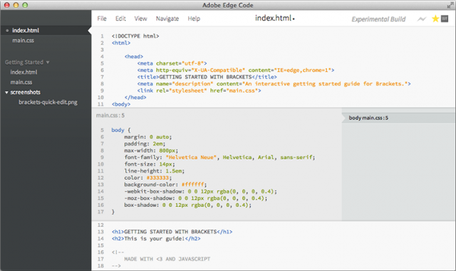 Adobe Edge Code, showing its inline expansion of CSS while editing HTML.
