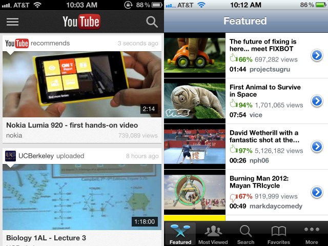 Google's YouTube app uses "cards" (left), compared to Apple's somewhat tired-looking scrolling list (right).