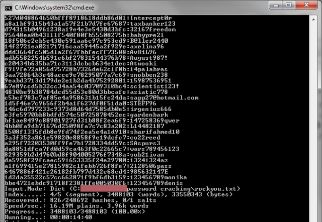 Screen output from the freely available Hashcat password-cracking application. Hackers use it to convert cryptographic hashes siphoned from compromised websites into plaintext passwords.