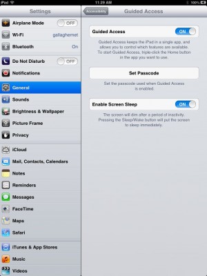 The Guided Access configuration screen in iOS 6's Settings,