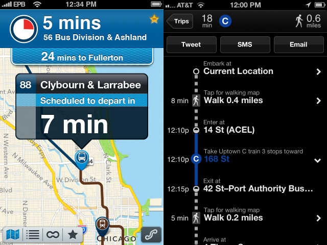 Buster 3 on the left, Embark NYC on the right. Both plug into iOS 6's new Maps app to offer transit directions.