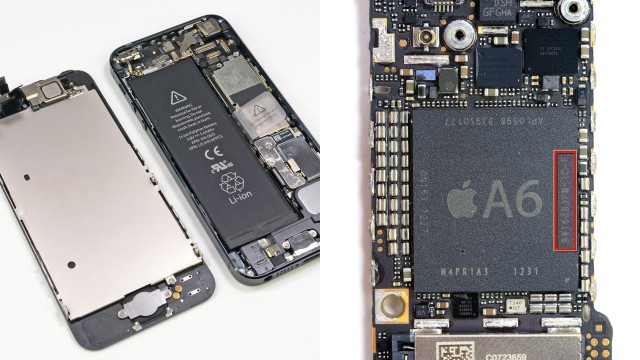 The front panel is the first component to come off the iPhone 5 (left), making it easy to repair cracked screens or broken home buttons. The new A6 processor (right) offers double the performance for the same amount of power use.