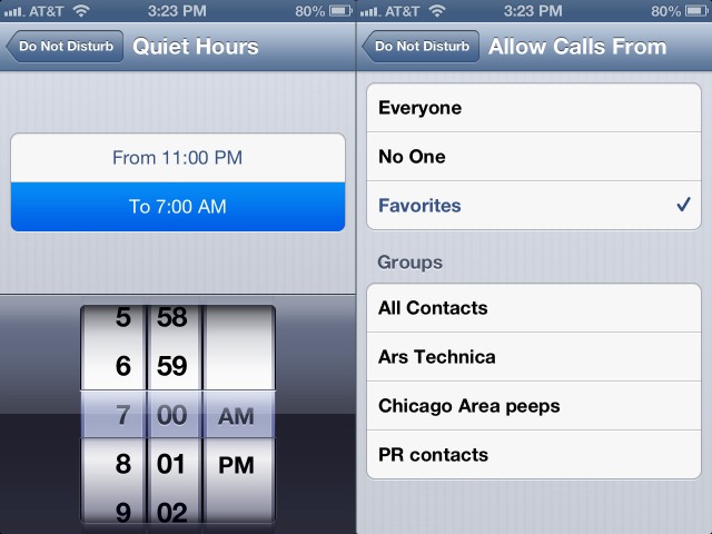 In addition to setting a schedule (left), you can can let calls from certain people "disturb" you, no matter what.