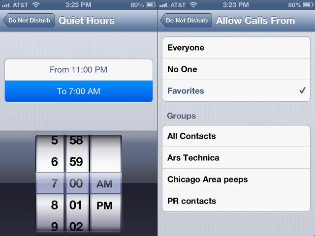 In addition to setting a schedule (left), you can can let calls from certain people "disturb" you, no matter what.