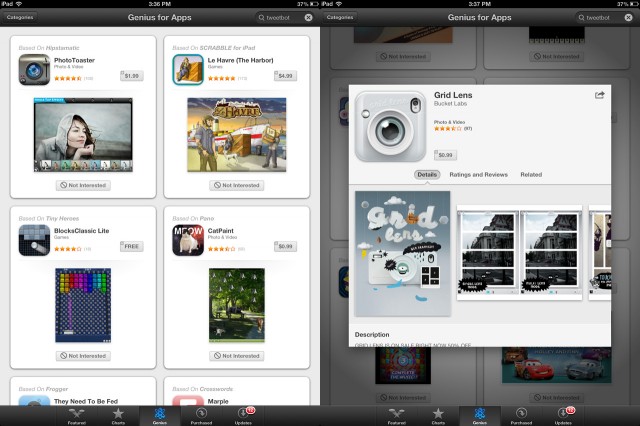 Genius results show a series of app "cards" (left), while the app detail view pops up over the main view on the iPad (right).