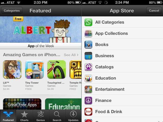 The main App Store view on the iPhone (left) can be filtered by specific categories (right).