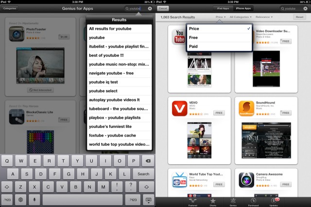 App search on the iPad is always accessible from the top navbar (left), and the iPad also has a number of helpful filtering options not available on the iPhone.