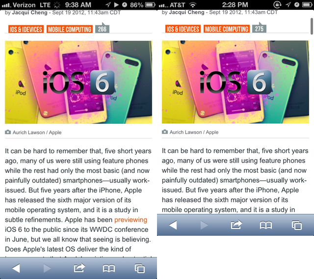 iPhone 5 screenshot on the left, iPhone 4S screenshot on the right. When browsing the Web (or any content), you can now fit more on the screen.