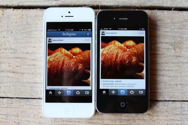 iPhone 5 on the left, iPhone 4S on the right. The visible difference in color saturation is very slight.