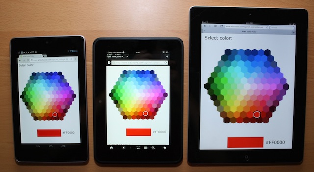 Colors on the Nexus 7, left, Kindle Fire HD, center, and iPad 2. 