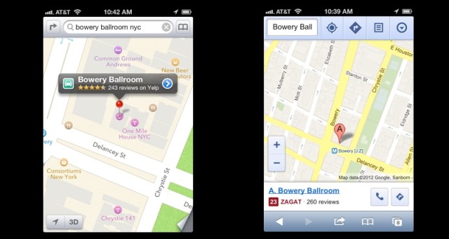 A tale of two cities: A side by side comparison of Apple's iOS 6 maps (left) and Google Maps in Safari (right). Don't forget you can still use Google Maps in your iOS device's browser if you can't live without Google's features.