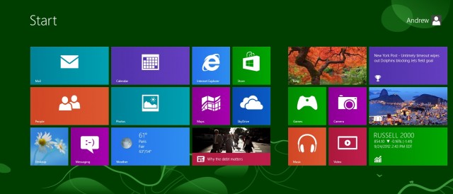 The Windows 8 Start screen makes good use of the additional horizontal real estate.