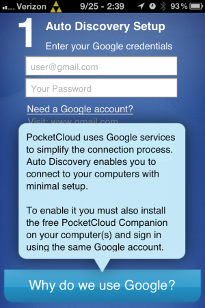 You can't get past this screen in PocketCloud Explore without a Google account.