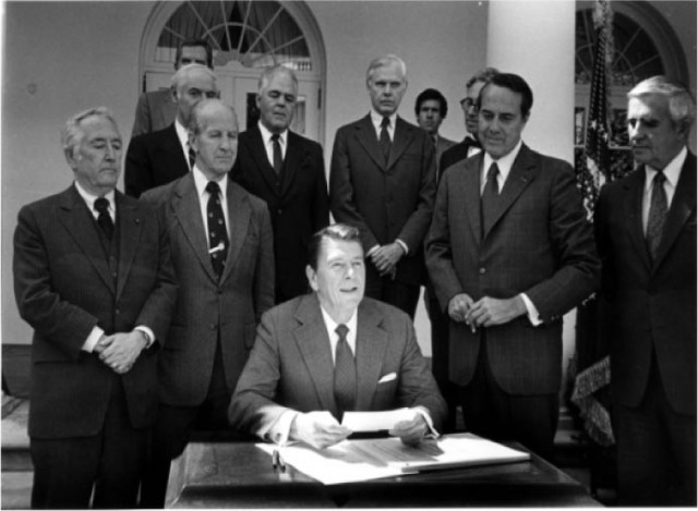 President Ronald Reagan signs the Federal Courts Improvement Act, which created the United States Court of Appeals for the Federal Circuit, on April 2, 1982.