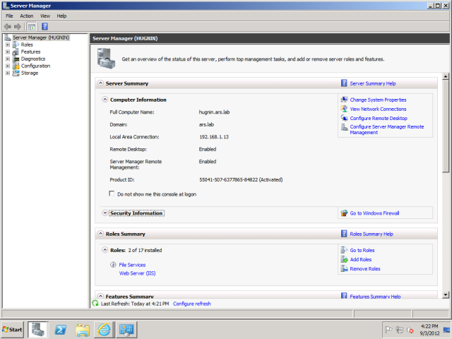 The old Server Manager on Windows Server 2008 R2, for comparison purposes.