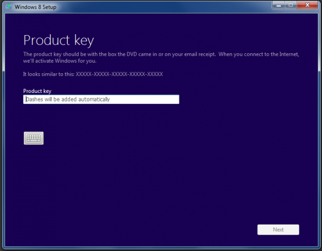 You must enter a valid product key before Setup will continue—the edition of Windows that installs (Windows 8 or Windows 8 Pro) will be determined by this key. Windows 7 would allow installation without a product key.
